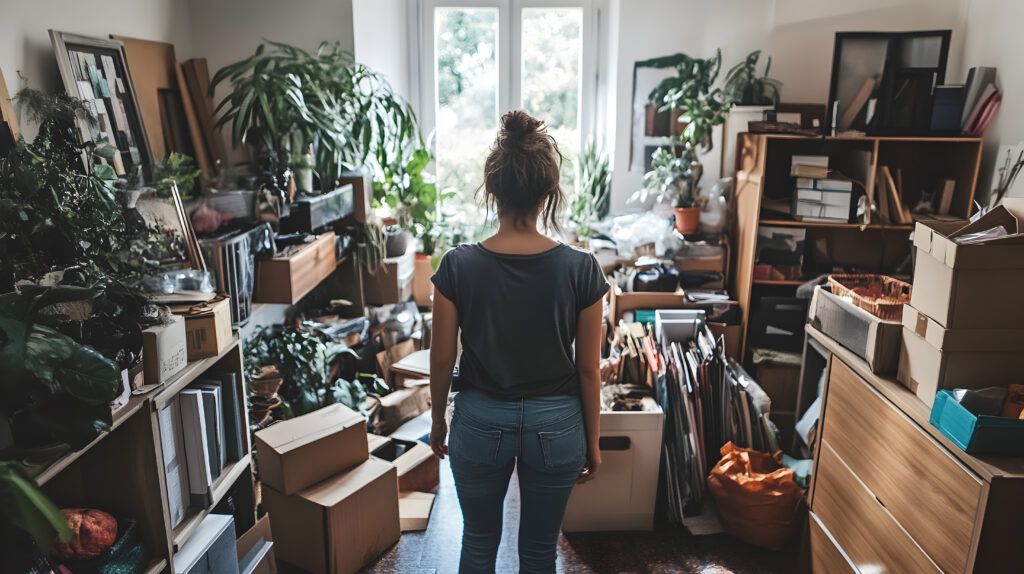 Woman standing in front of cluttered room